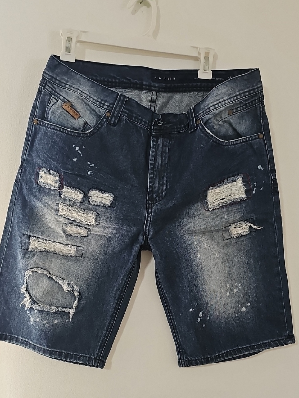 Parish Y2K Distressed Denim Shorts Mens 34 Blue Wash Patchwork Grunge Streetwear